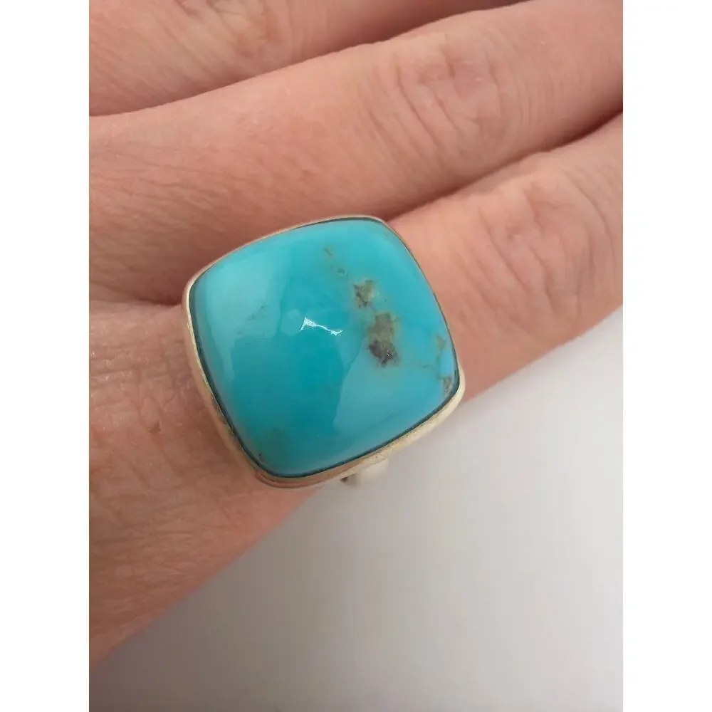 Sterling Silver Natural Turquoise Bezel Set Ring Size 8.5